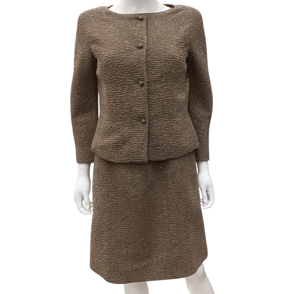 Oscar De La Renta Pink Label Set Women’s Size 4 Jacket+Dress Sparkly Thread Tan